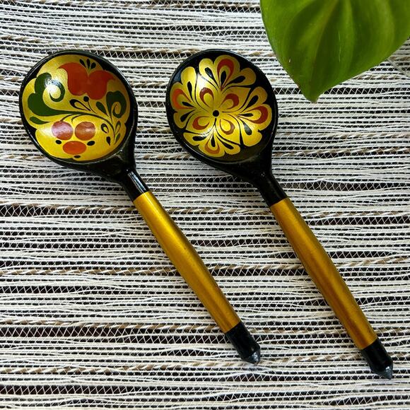 Vintage Russian Hand Painted Lacquer Wooden Spoons w/ Red & Gold Swirled Designs - Picture 1 of 9